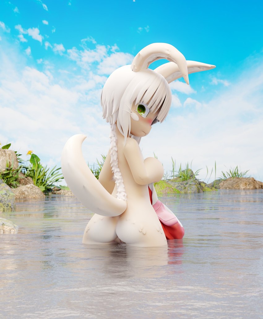 anthro blush butt female fur genitals hair looking_at_viewer nude partially_submerged pussy raised_tail solo tail young hidden-cat zy0n7 made_in_abyss nanachi lagomorph leporid mammal narehate rabbit 3d_(artwork) absurd_res digital_media_(artwork) hi_res