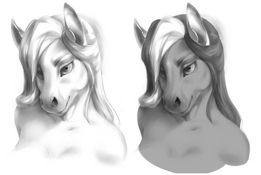 anthro female hair looking_at_viewer simple_background smile solo white_background aib_leyley julia_(vanrixie) equid equine horse mammal absurd_res black_and_white digital_drawing_(artwork) digital_media_(artwork) hi_res monochrome portrait