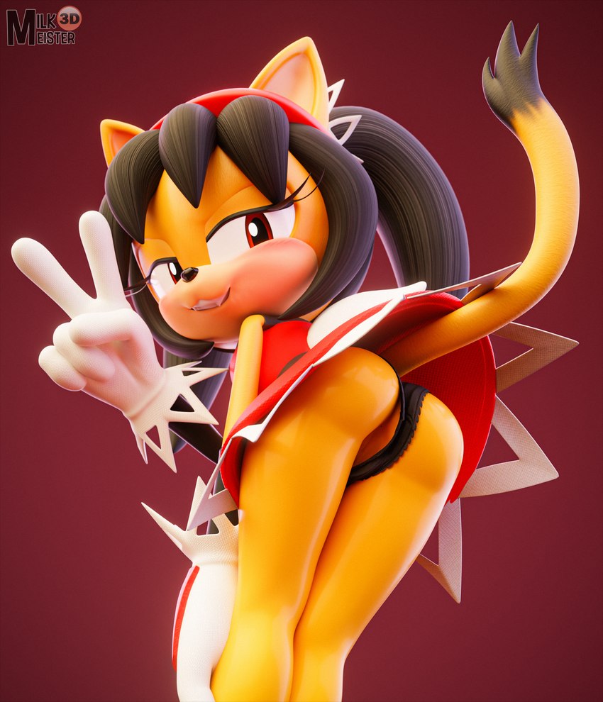 anthro bent_over black_clothing black_hair black_panties black_underwear blush butt clothing clothing_aside dipstick_tail female genitals gesture gloves hair hand_gesture handwear looking_back markings panties panties_aside pigtails pussy red_background simple_background solo tail tail_markings underwear underwear_aside v_sign milkmeister3d sega sonic_the_fighters sonic_the_hedgehog_(series) honey_the_cat domestic_cat felid feline felis mammal 2024 3d_(artwork) digital_media_(artwork) hi_res