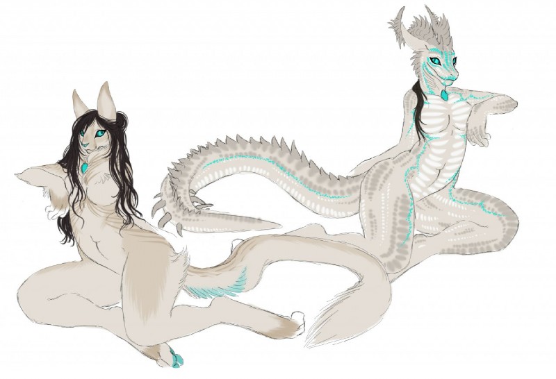 anthro duo female tail shikoyote mythology raphian shiko yawri domestic_cat dragon felid feline felis mammal mythological_creature mythological_scalie pantherine scalie tiger