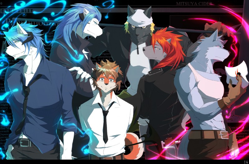 abstract_background anthro clothing group hair horn kerchief long_hair looking_at_viewer male necktie simple_background tail text weapon ig1119 canid canine canis domestic_dog mammal wolf english_text