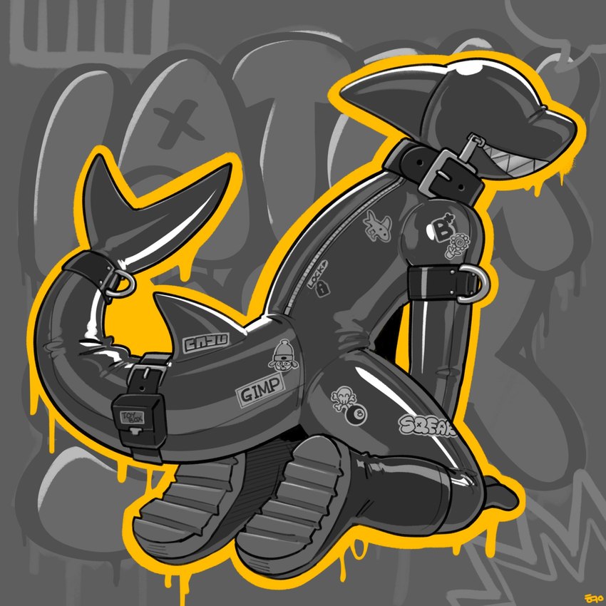 accessory anthro bag boots clothing fin footwear furgonomics head_fin kneeling latex male shoes solo tail tail_accessory tail_bag text zipper zipper_mouth hacony fish marine shark 1:1 english_text hi_res