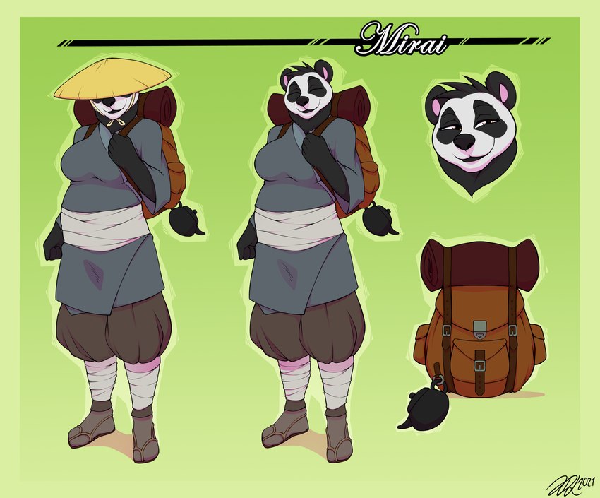 anthro asian_conical_hat backpack big_breasts breasts clothed clothing eyes_closed female front_view fully_clothed gradient_background hat headgear headwear simple_background smile solo standing tea_kettle text fiercedeitylynx mirai_(fiercedeitylynx) bear giant_panda mammal 2021 absurd_res character_name hi_res model_sheet signature