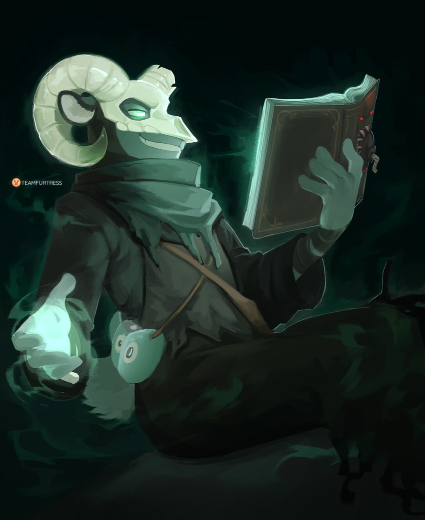 alternate_species anthro book bottomwear clothed clothing fur furrification glowing glowing_eyes headgear horn magic magic_user male mask reading reading_book robe simple_background skull_mask smile solo tail teeth topwear wearing_mask teamfurtress team_fortress_2 valve bombinomicon merasmus bovid caprine goat mammal absurd_res digital_media_(artwork) hi_res