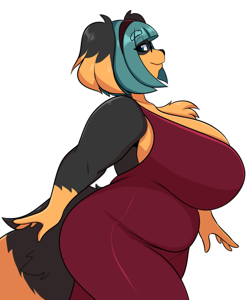 anthro backless_clothing backless_dress breasts clothing dress eyewear female glasses hair red_clothing red_dress solo sundress jwinkz zoey_(jwinkz) canid canine canis domestic_dog mammal hi_res