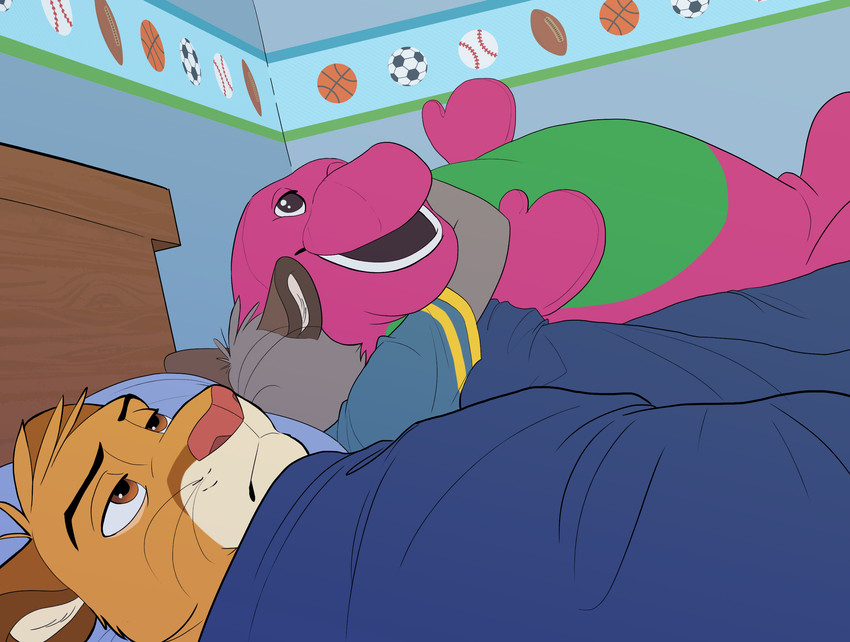 anthro bed brown_eyes cuddling detailed_background duo fur furniture grey_body grey_fur hug inner_ear_fluff male male/male on_bed pink_nose plushie sleeping tan_body tan_fur tuft unimpressed whiskers colt3n ah_yes._me._my_girlfriend. barney_and_friends pbs barney_the_dinosaur brooks_(colt3n) jack_(colt3n) canid canine canis felid mammal pantherine wolf 2020 digital_media_(artwork) hi_res meme