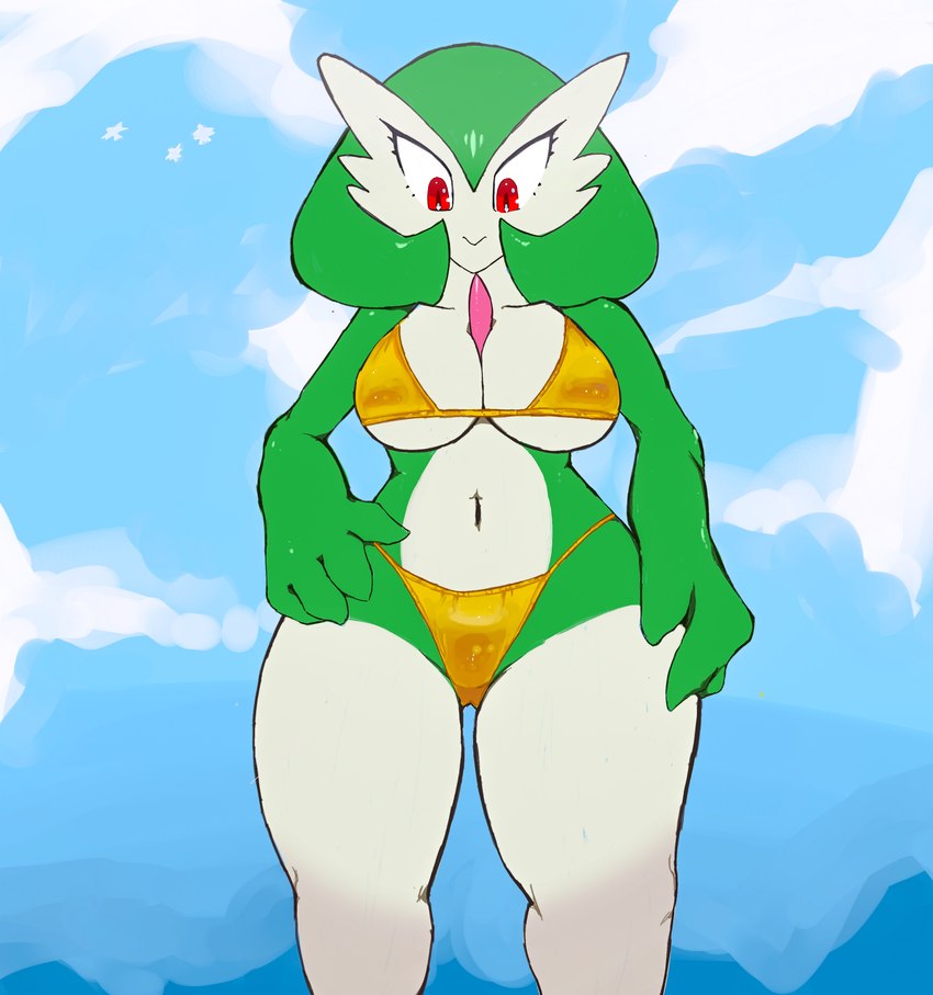 4_fingers big_breasts bikini bikini_bottom bikini_top breasts clothing eyelashes female fingers gold_bikini gold_clothing gold_swimwear looking_at_viewer navel red_eyes simple_background smile solo swimwear two-piece_swimsuit under_boob white_body yeedrah golden_week nintendo pokemon gardevoir generation_3_pokemon humanoid mammal pokemon_(species) 2023 absurd_res digital_media_(artwork) hi_res