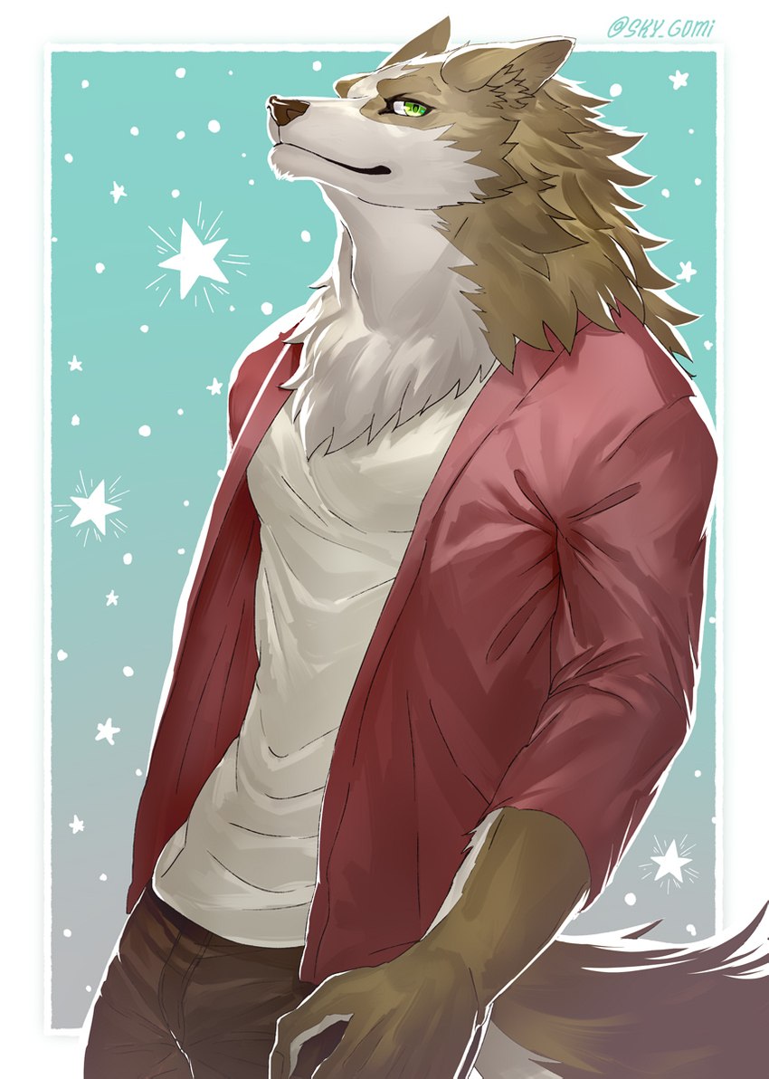 anthro clothed clothing fur male simple_background solo sky_gomi canid canine canis mammal wolf 2021 hi_res