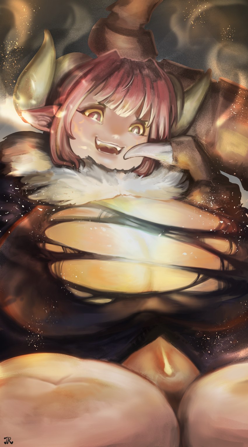 big_breasts bioluminescence breasts claws cleavage clothed clothing female fur_trim_(clothing) glowing glowing_chest horn huge_breasts huge_thighs humanoid_pointy_ears navel pointy_ears solo tail thick_tail thick_thighs torn_clothing wide_hips jiao-r miss_kobayashi's_dragon_maid mythology ilulu animal_humanoid dragon dragon_humanoid horned_humanoid humanoid mythological_creature mythological_scalie scalie tailed_humanoid hi_res