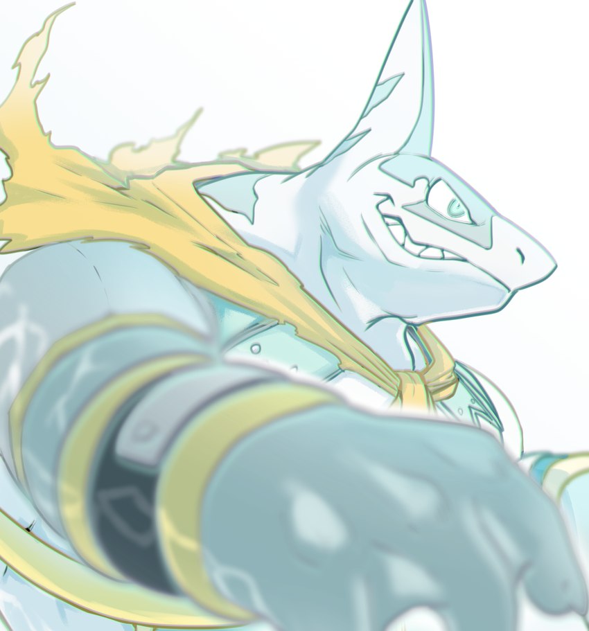 anthro armor blue_body blue_eyes blue_scales bracers breastplate depth_of_field fin grin head_fin looking_ahead male membrane_(anatomy) muscular muscular_anthro muscular_male pupils scales scarf sharp_teeth simple_background smile solo teeth webbed_hands white_background yellow_scarf 96_gatefield shangri-la_frontier araba_(shangri-la_frontier) fish marine shark hi_res