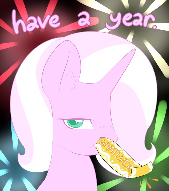 female fireworks fur hair holidays horn party_horn pink_body pink_fur pink_hair solo teal_eyes white_hair lamiaaaa hasbro my_little_pony mythology new_year fan_character lamia_(lamiaaaa) equid equine mammal mythological_creature mythological_equine unicorn 2015 bust_portrait hi_res portrait