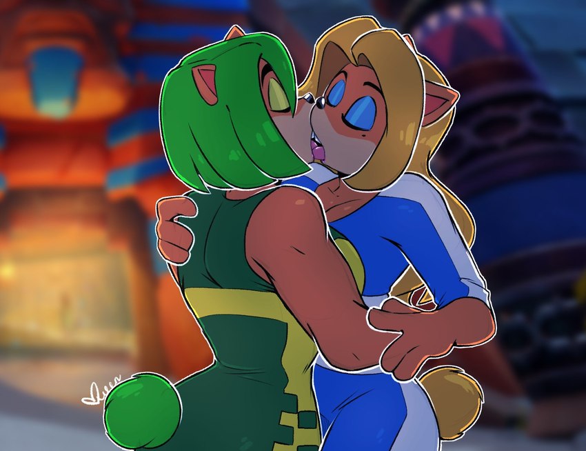 anthro blonde_hair blurred_background clothing duo eyes_closed eyeshadow female female/female french_kissing green_hair hair inside kissing makeup short_hair conniesky3 activision crash_bandicoot_(series) crash_team_racing_(series) crash_team_racing_nitro-fueled ami_bandicoot isabella_bandicoot bandicoot mammal marsupial 2021