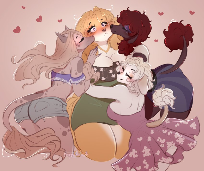 anthro blonde_hair blush bottomwear breasts cleavage clothed clothing dress female female/female furgonomics gradient_hair group hair heart_symbol shorts skirt tail tail_through_skirt bunnywhiskerz canid canine canis domestic_dog mammal poodle digital_media_(artwork) hi_res shaded