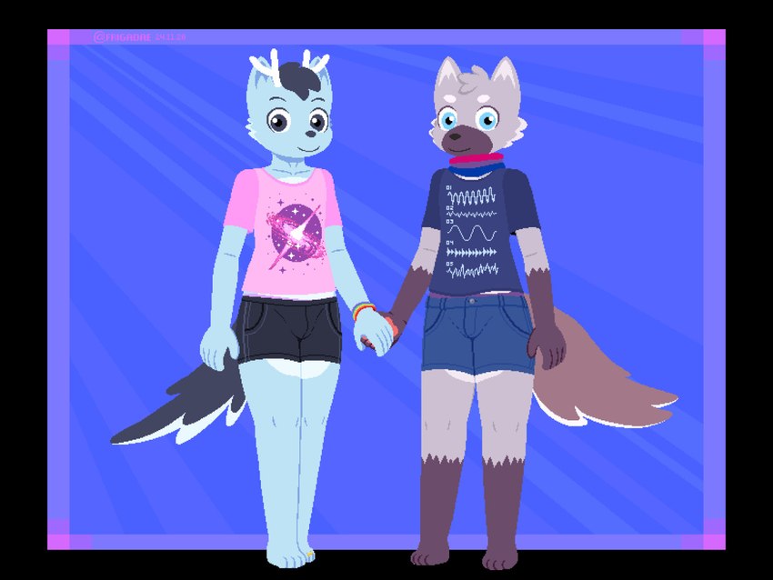 anthro bisexual_pride_colors black_eyes black_hair black_tail blue_body blue_eyes blue_fur bottomwear bracelet brown_body brown_fur clothed clothing denim denim_bottomwear denim_clothing denim_shorts digit_ring duo feet fully_clothed fur grey_body grey_fur hair hand_holding jewelry lgbt_pride looking_at_viewer male multicolored_body multicolored_fur neckwear pawpads pride_color_accessory pride_color_clothing pride_color_neckwear pride_color_wristband pride_colors print_clothing print_shirt print_t-shirt print_topwear rainbow_pride_colors rainbow_symbol ring shirt shirt_logo shorts six-stripe_rainbow_pride_colors standing t-shirt tail toe_ring toes topwear two_tone_body two_tone_fur frigadae daesung drake_(ceruleandrake) canid canine canis deer hybrid mammal maned_wolf wolf 2020 4:3 digital_media_(artwork) full-length_portrait pixel_(artwork) portrait