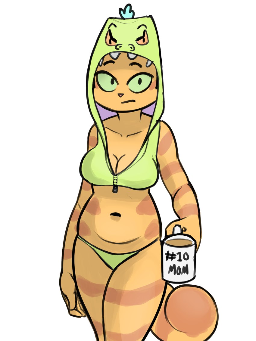 animal_costume anthro beverage big_breasts big_eyes biped black_eyebrows black_text breasts cleavage clothed clothed_anthro clothed_female clothing coffee collarbone container crop_top cropped_hoodie cropped_topwear cup curved_eyebrows dipstick_tail eyebrows facial_markings female female_anthro fingers front_view fur green_clothing green_hoodie green_panties green_sclera green_topwear green_underwear head_markings holding_beverage holding_coffee holding_coffee_mug holding_container holding_cup holding_mug holding_object hood_up hoodie humanoid_hands humor looking_at_viewer markings mature_anthro mature_female mouth_closed mug navel no_irises number orange_body orange_fur orange_stripes panties pink_nose pupils shadow shirt simple_background skimpy slightly_chubby slightly_chubby_anthro slightly_chubby_female small_nose solo standing straight_legs striped_arms striped_body striped_face striped_fur striped_legs striped_markings striped_tail striped_thighs stripes tail tail_markings text text_on_coffee_mug text_on_mug thick_tail thick_thighs topwear underwear white_background white_mug zipper zipper_down zambs litterbox_comics nickelodeon rugrats fran_(litterbox_comics) reptar domestic_cat felid feline felis mammal tabby_cat 2023 3:4 digital_drawing_(artwork) digital_media_(artwork) english_text hi_res portrait three-quarter_portrait