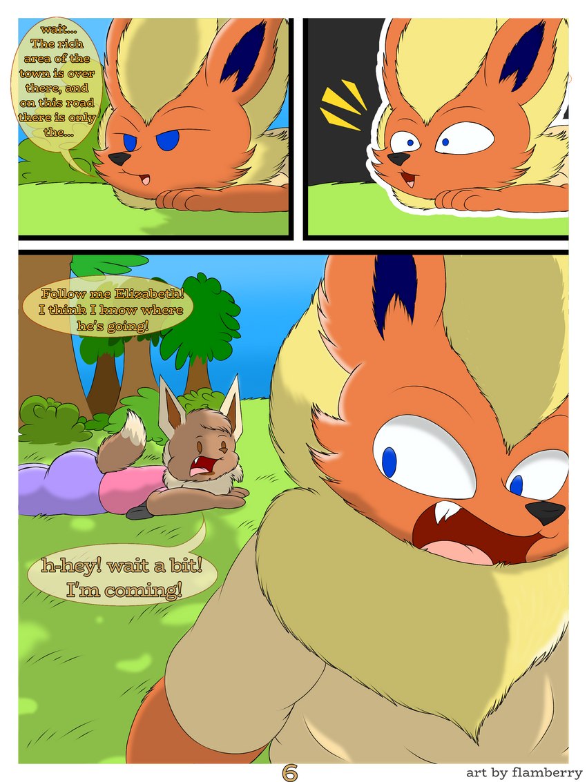 anthro blue_eyes brown_body brown_eyes butt clothed clothing dialogue duo female fur grass hair idea male male/female open_mouth orange_body orange_fur plant surprised_expression tail text tree flamberry_(artist) nintendo pokemon elizabeth_venizee franklin_flare canid canine eevee eeveelution flareon generation_1_pokemon mammal pokemon_(species) 3:4 absurd_res comic digital_drawing_(artwork) digital_media_(artwork) english_text hi_res ibispaint_(artwork)