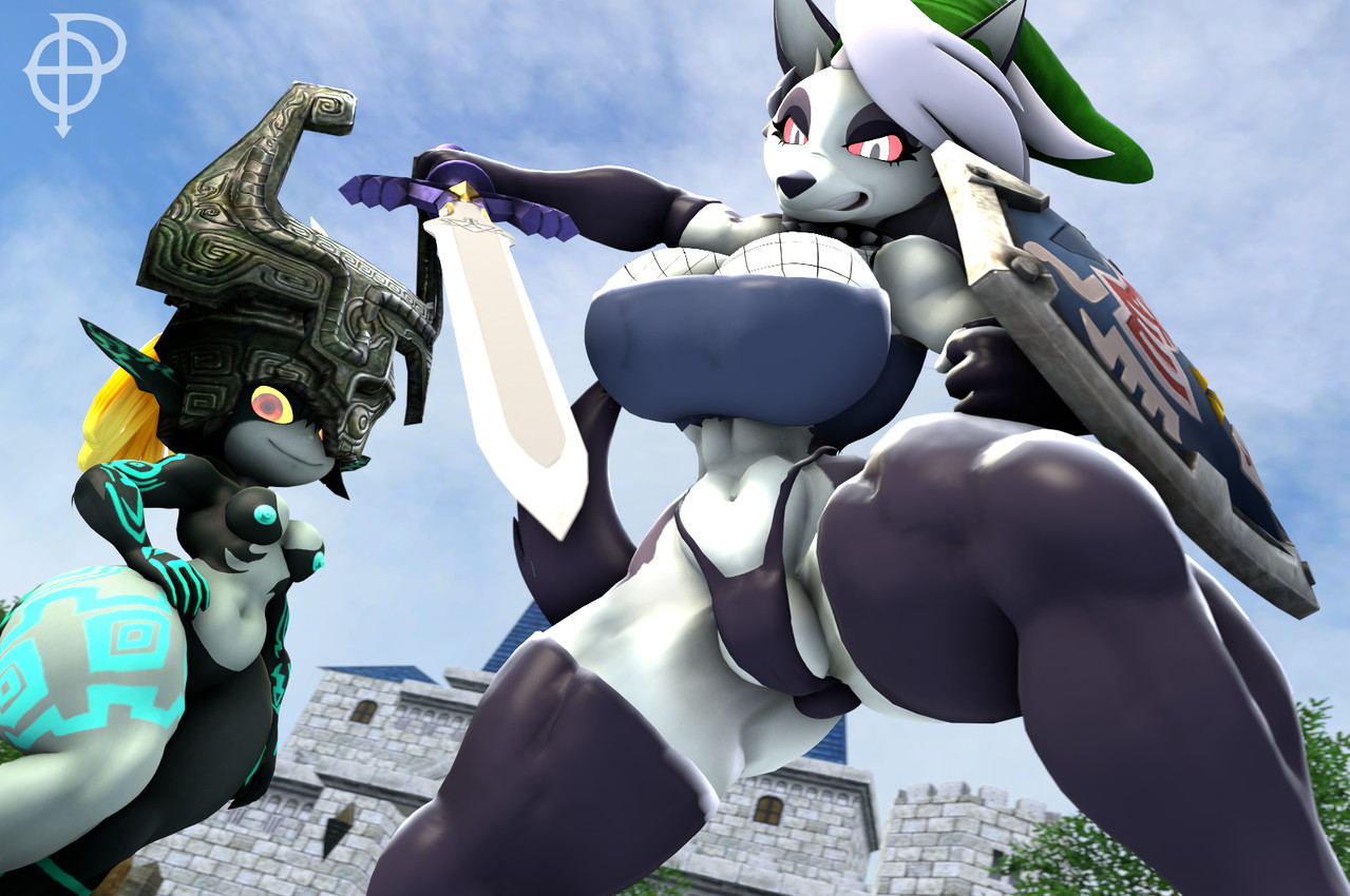abs anthro armwear big_breasts black_body black_clothing black_eyeshadow black_gloves black_handwear black_legwear black_skin black_stockings black_thong black_underwear blue_sky bottom_heavy breasts castle clothing cosplay crop_top crossover_cosplay curvy_figure day duo elbow_gloves eyelashes eyeshadow female fingerless_gloves fishnet_clothing fishnet_topwear fur gloves grey_body grey_fur grey_hair grey_skin hair hand_on_hip hand_on_own_hip handwear hat headgear headwear hourglass_figure huge_breasts huge_hips huge_thighs humanoid_pointy_ears hylian_shield legwear long_hair low-angle_view makeup markings master_sword melee_weapon multicolored_body multicolored_fur muscular muscular_anthro muscular_female navel nipples nude nude_female nude_humanoid orange_hair outside pointy_ears red_eyes red_sclera shield shirt short_stack sky small_breasts small_waist smile stockings sword thick_thighs thong topwear two_tone_body two_tone_fur underwear voluptuous voluptuous_anthro voluptuous_female weapon white_body white_eyes white_fur wide_hipped_anthro wide_hipped_female wide_hips worm's-eye_view yellow_sclera ordinary_pictures aeridiccore_(modeler) kabalmystic_(modeler) hellaverse helluva_boss mythology nintendo the_legend_of_zelda twilight_princess link loona_(helluva_boss) midna canid canid_demon canine demon hellhound humanoid imp mammal mythological_canine mythological_creature twili 2025 3d_(artwork) crossover digital_media_(artwork) hi_res source_filmmaker_(artwork) watermark