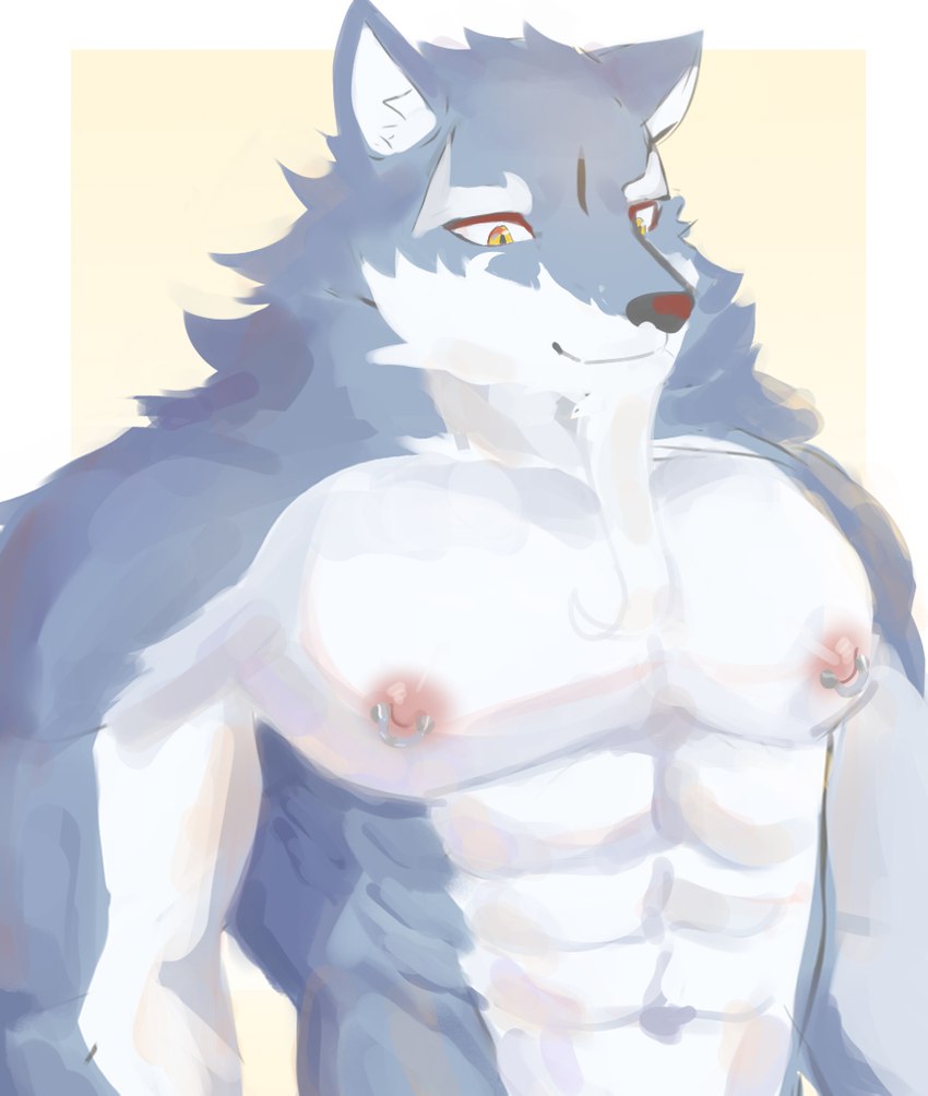 abs anthro beard biceps black_nose eyebrows facial_hair fur grey_body grey_fur male multicolored_body multicolored_fur muscular muscular_anthro muscular_male nipple_piercing nipples pecs piercing shirtless solo thick_eyebrows two_tone_body two_tone_fur white_body white_eyebrows white_fur yellow_eyes hoang_nguyen sdorica law_(sdorica) canid canine canis mammal wolf