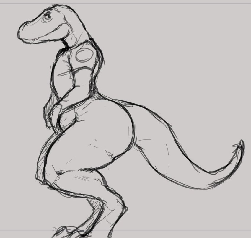 anthro big_butt bottomless butt claws clothed clothing female looking_at_viewer partially_clothed side_view slightly_chubby slightly_chubby_female solo tail thick_tail thick_thighs topwear topwear_only susfishous heather_(susfishous) dinosaur prehistoric_species reptile scalie digital_media_(artwork) sketch