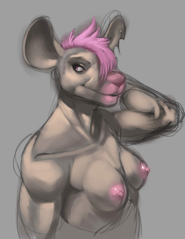 anthro biceps breasts ear_piercing female hair hand_behind_head muscular muscular_anthro muscular_female nipples notched_ear nude pecs piercing pink_eyes pink_hair short_hair small_breasts smile solo jayecho trace_raymes mammal murid murine rat rodent colored_sketch hi_res sketch