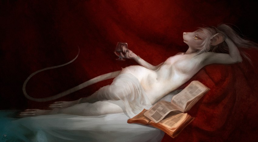 alcohol anthro beverage container cup drinking_glass femboy fur glass glass_container glass_cup hair hand_behind_head long_hair makeup male nude open_book pose reclining solo white_body white_fur white_hair wine wine_glass ira-arn mammal murid murine rat rodent hi_res pinup