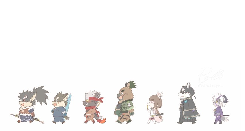 accessory anthro black_body black_fur brown_body brown_fur chibi fur grey_body grey_fur group hair headband katana male melee_weapon multicolored_body multicolored_fur ninja pink_body pink_fur samurai scarf smile sword walking warrior weapon white_hair ren_izayoi lifewonders tokyo_afterschool_summoners masanori_(tas) moritaka_(tas) shino_(tas) tadatomo_(tas) tanetomo_(tas) yasuyori_(tas) yoshito_(tas) canid canine canis domestic_dog mammal