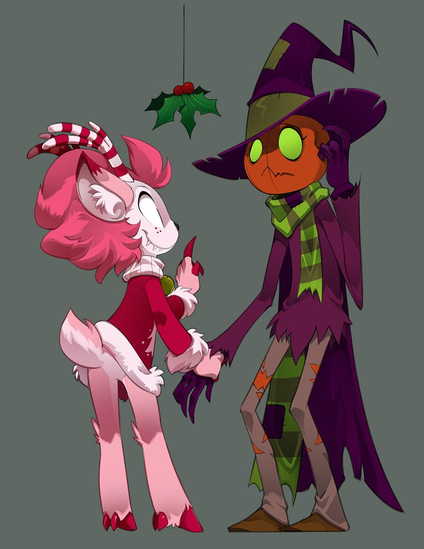 anthro clothing duo hand_holding hat headgear headwear holly_(plant) male plant bleedman holidaze_(vivzmind) jangle_(vivzmind) jingle_(vivzmind) deer demon humanoid mammal spirit 2023 hi_res