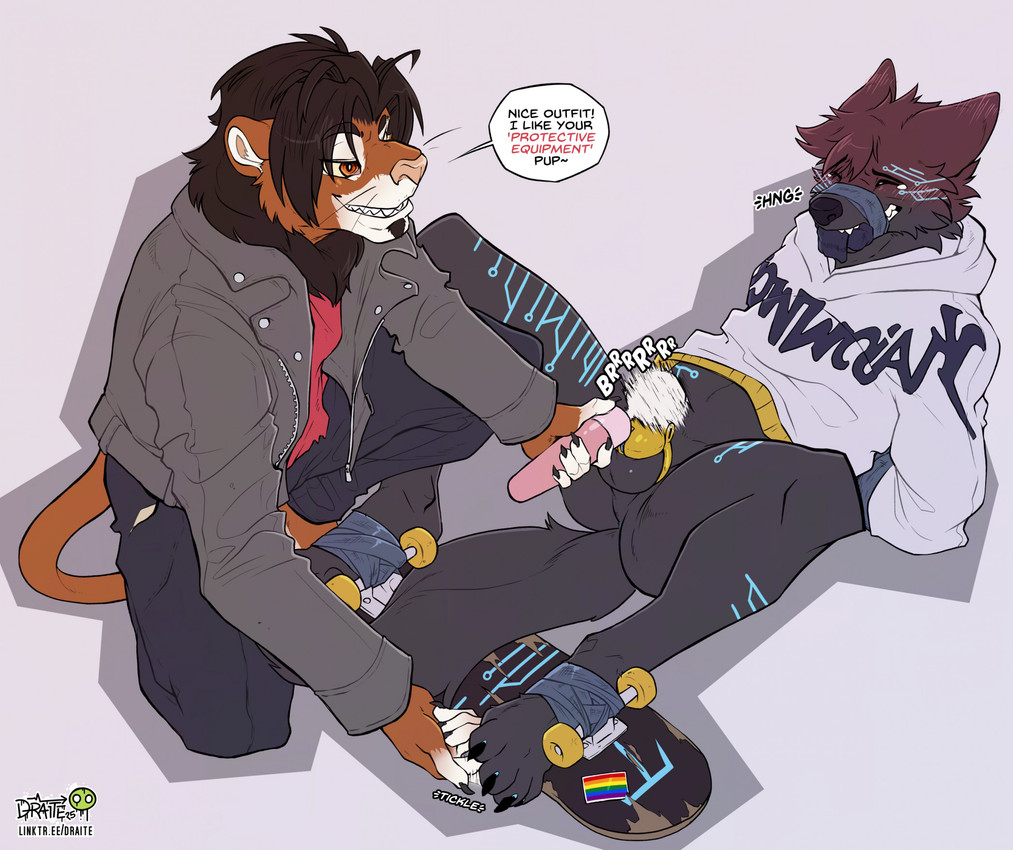 anthro balls bdsm blush bondage bottomless bottomless_male bottomwear bound butt chastity_cage chastity_device clothed clothing dialogue digitigrade dominant dominant_male duct_tape duo feet gag genitals gold_(metal) gold_chastity_cage gold_chastity_device hoodie hoodie_only jacket lgbt_pride male male/male onomatopoeia pants partially_clothed penis pride_colors sex sex_toy sharp_teeth skateboard sock_in_mouth sound_effects speech_bubble submissive submissive_male tape tape_gag teasing teeth text text_on_clothing text_on_hoodie text_on_topwear tickling tickling_feet topwear topwear_only toying_partner vehicle vibrator vibrator_on_chastity_cage vibrator_on_chastity_device vowelless vowelless_sound_effect wand_vibrator conditional_dnp draite kajowwojak_(character) canid canine canis felid feline lion mammal pantherine wolf english_text hi_res