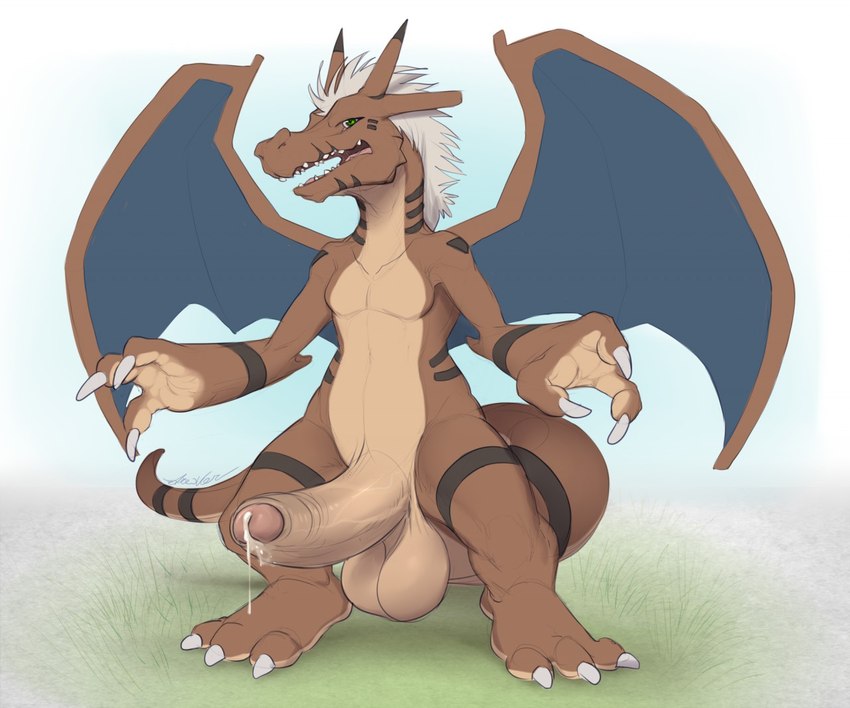 anthro balls big_balls big_penis bodily_fluids claws cum cum_drip dripping erection genital_fluids genitals humanoid_genitalia humanoid_penis male membrane_(anatomy) membranous_wings penis solo wings dreiker bandai_namco digimon nintendo pokemon charizard digimon_(species) generation_1_pokemon growlizard growlmon hybrid pokemon_(species)