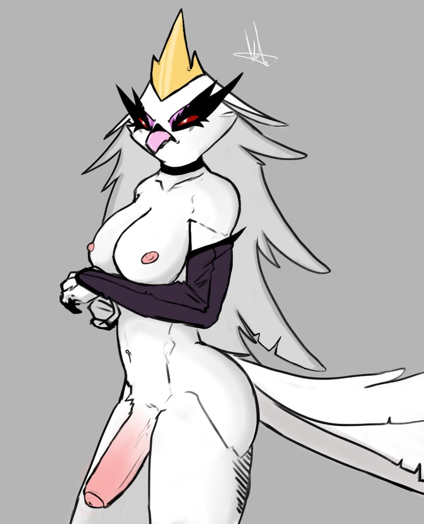 anthro beak breasts feathers genitals gynomorph intersex nipples non-mammal_nipples penis solo white_body white_feathers pat3awelitas300 helluva_boss stella_(helluva_boss) avian bird demon owl hi_res