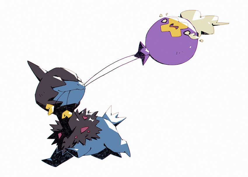 ambiguous_gender bite blue_body bodily_fluids duo feral open_mouth purple_body running simple_background tears white_background bluekomadori nintendo pokemon deino drifloon generation_4_pokemon generation_5_pokemon pokemon_(species) 2022