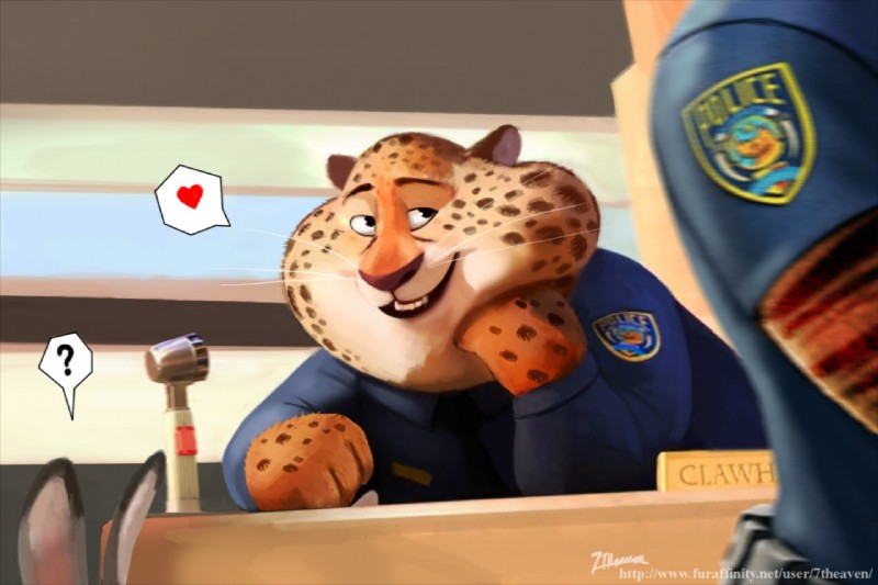 anthro clothed clothing fur grey_body grey_fur group happy male multicolored_body multicolored_fur police police_uniform smile solo_focus uniform 7theaven disney zootopia benjamin_clawhauser judy_hopps cheetah felid feline lagomorph leporid mammal pantherine rabbit tiger 2016