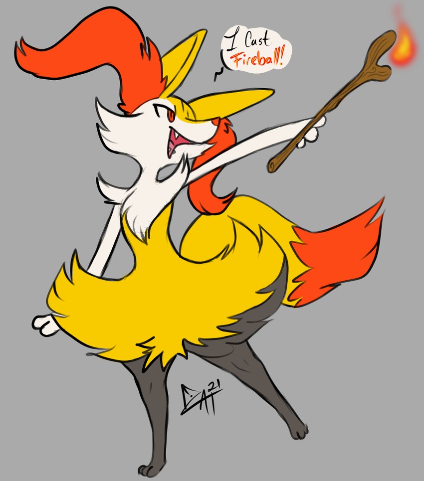 action_pose ambiguous_gender anthro cute_fangs dialogue fire gesture hand_gesture inner_ear_fluff open_mouth pointing pose solo stick text tuft cautioncat dungeons_and_dragons hasbro nintendo pokemon wizards_of_the_coast braixen generation_6_pokemon pokemon_(species) english_text female_(lore)