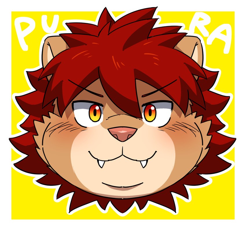 anthro blush brown_body brown_fur cute_fangs fangs fur hair male mane mane_hair slightly_chubby solo teeth yellow_eyes ptcmtr lifewonders tokyo_afterschool_summoners vapula_(tas) felid lion mammal pantherine headshot_portrait hi_res portrait