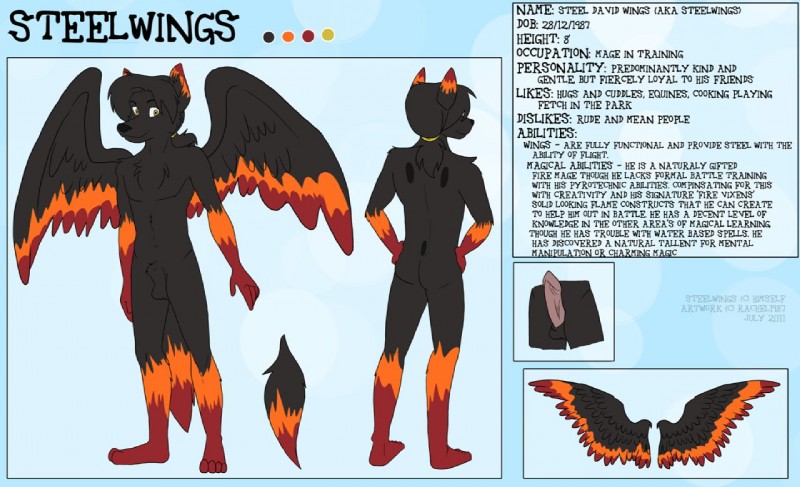 animal_genitalia anthro black_body black_feathers black_fur black_hair erection feathered_wings feathers flame_markings fully_sheathed fur genitals hair male markings nude penis sheath solo tail text wings yellow_eyes rachel1987 steelwings canid canine canis hybrid mammal wolf english_text model_sheet