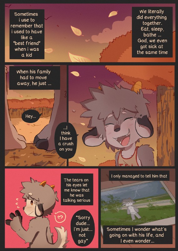 autumn blush bodily_fluids dialogue duo eyes_closed heart_symbol laugh leaf male photo smile stated_heterosexuality stated_homosexuality stated_sexuality tears text beez alex_(beez) bovid caprine goat mammal 2019 comic english_text hi_res