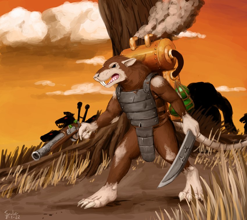 anthro armor barefoot biped cloud detailed_background feet gun holding_gun holding_knife holding_object holding_ranged_weapon holding_weapon knife outside plant ranged_weapon silhouette solo tree weapon suule warhammer_(franchise) mammal murid murine rat rodent skaven 2022 hi_res