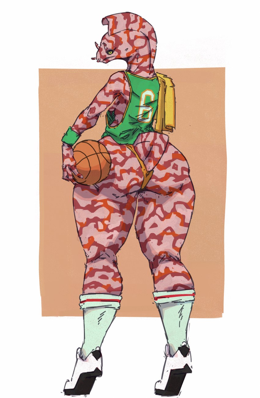 anthro ball basketball_(ball) big_butt breasts butt clothing female footwear holding_ball holding_object looking_back rear_view shoes socks solo sports_jersey standing thick_thighs thong towel towel_on_shoulder underwear zed-s isabeelle_(zed-s) eel fish marine hi_res