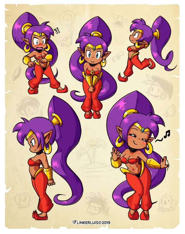 blue_eyes blush breasts clothing dark_body dark_skin ear_piercing ear_ring eyes_closed female footwear hair humanoid_pointy_ears long_hair multiple_poses not_furry open_mouth piercing pointy_ears ponytail pose purple_hair ring_piercing smile solo linkerluis shantae_(series) wayforward bolo_(shantae) rottytops shantae sky_(shantae) genie humanoid 2019