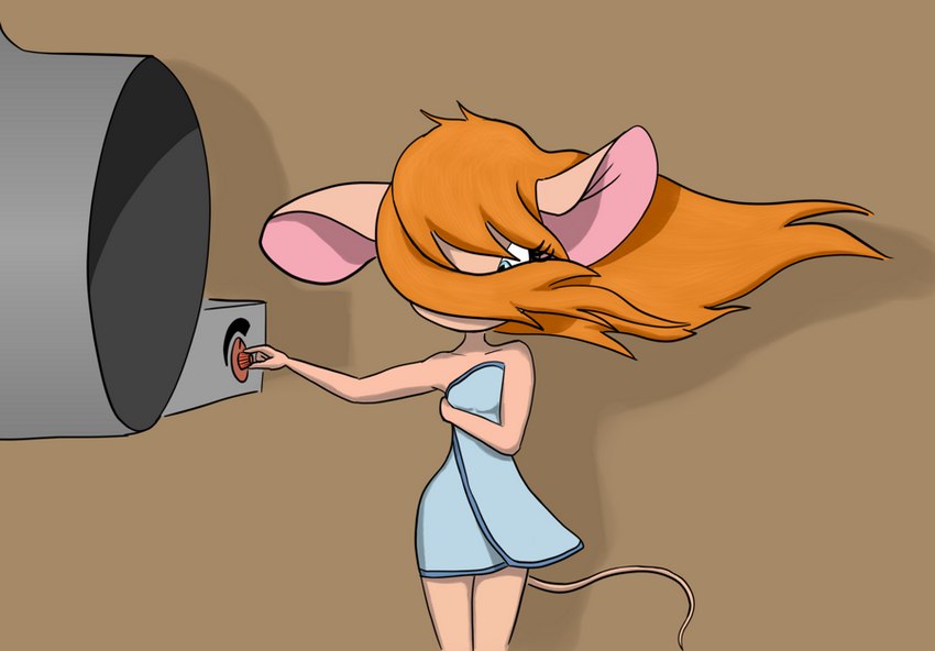 anthro blue_eyes dryer female hair hair_dryer hair_in_face orange_hair simple_background solo standing towel towel_only towel_wrap itsjustflesh chip_'n_dale_rescue_rangers disney gadget_hackwrench mammal mouse murid murine rodent 2016