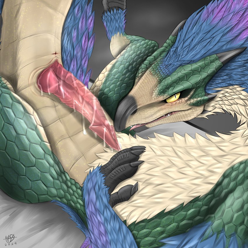 animal_genitalia animal_penis anthro bed feathers furniture genitals gradient_background male masturbation multi_genitalia oral oral_masturbation penile penile_masturbation penis simple_background solo tapering_penis h56_(hikkoro) capcom monster_hunter mythology bird_wyvern dinosaur dragon dromaeosaurid feathered_dinosaur feathered_dragon feathered_scalie mythological_creature mythological_scalie prehistoric_species reptile scalie seikret theropod velociraptor wild_ride 1:1 hi_res