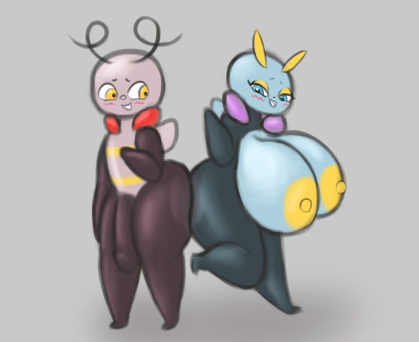 antennae_(anatomy) anthro big_breasts big_penis black_body blue_eyes blush breasts butt duo female genitals hyper male nipples penis thick_thighs wings yellow_eyes yellow_nipples jovi_cap nintendo pokemon cake_(jovi_cap) generation_3_pokemon illumise pokemon_(species) volbeat hi_res