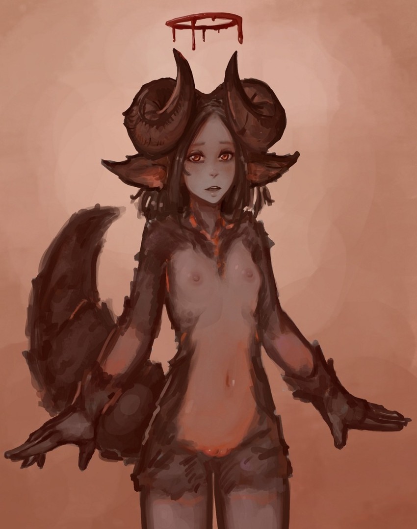 black_hair blood bodily_fluids bovid_horn breasts brown_eyes caprine_horn curved_horn female fluffy fluffy_tail fur genitals grey_body grey_fur hair halo horn looking_at_viewer navel nipples nude open_mouth pussy ram_horn small_breasts solo standing tail syvaron portals_of_phereon animal_humanoid demon demon_humanoid humanoid hi_res