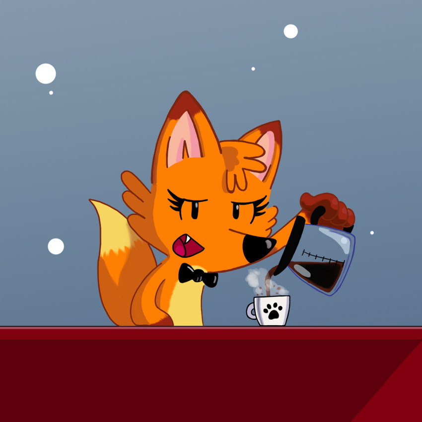 beverage bow_tie coffee coffee_mug cute_fangs eyelashes fangs female looking_at_viewer simple_background solo teeth el_senor_erizo antoinette_(el_senor_erizo) canid canine fox mammal 1:1 hi_res source_request