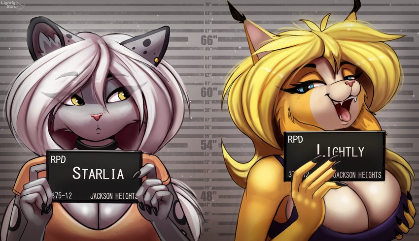 anthro breast_grab breasts duo ear_piercing female hand_on_breast looking_at_another looking_at_viewer mugshot piercing smile tongue tongue_out lightly-san barbie_and_ken_mugshot_meme lightly_breeze_(pony-way) starlia_(lightly-san) felid feline lynx mammal pantherine snow_leopard 2023 hi_res meme