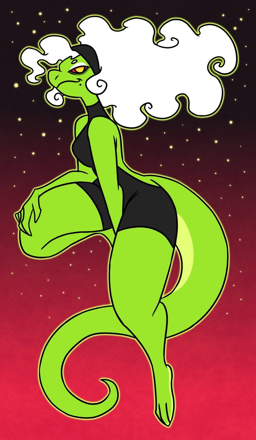 accessory anthro female green_body hair hair_accessory hairband long_hair long_tail looking_at_viewer markings mole_(marking) pupils red_sclera smile solo tail thick_thighs unitard white_hair yellow_pupils nerdyreindeer alien hi_res