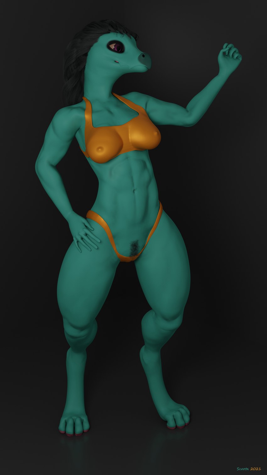 abs anthro bikini bikini_bottom bikini_top black_eyeshadow breasts clothing eyeshadow female fist hair hand_on_hip makeup muscular muscular_anthro muscular_female nipple_outline pose pubes purple_eyes simple_background solo swimwear two-piece_swimsuit scoota ceylidh_(scoota) dracanine 3d_(artwork) 4k 9:16 absurd_res blender_(artwork) digital_media_(artwork) hi_res pinup