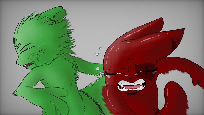 ambiguous_gender anthro bodily_fluids crying duo face_slap female fur green_body green_fur slap tears soarfloh i_will_survive_slap rain_world videocult artificer_(rain_world) saint_(rain_world) slugcat 16:9 4k absurd_res hi_res meme widescreen