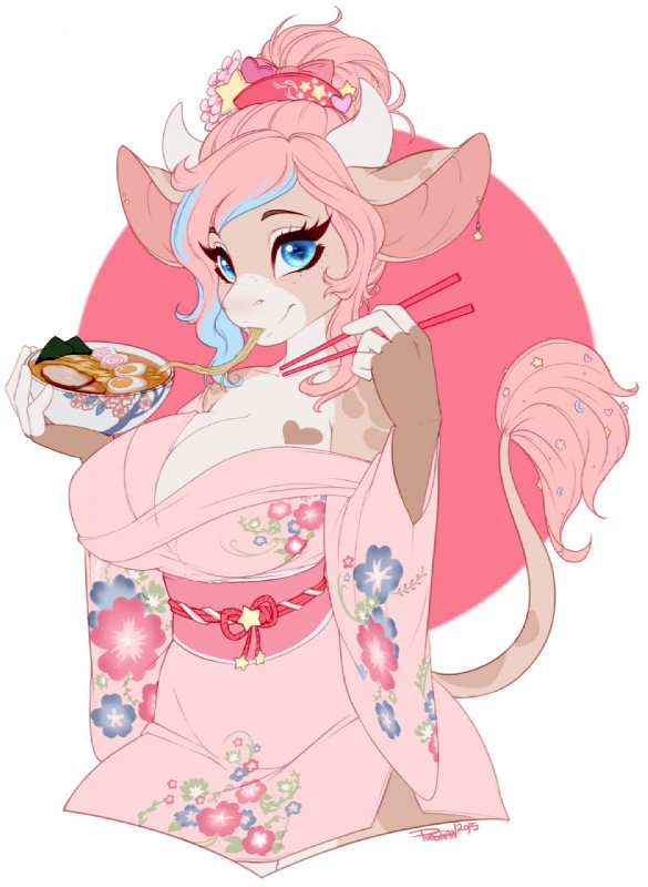 anthro asian_clothing big_breasts blue_eyes breasts cleavage clothed clothing ear_piercing east_asian_clothing female food fur hair horn japanese_clothing kimono looking_at_viewer narutomaki noodles off_shoulder piercing pink_hair ramen simple_background solo pollo-chan mochi_cau bovid bovine cattle mammal 2015 dated digital_media_(artwork) hi_res portrait three-quarter_portrait