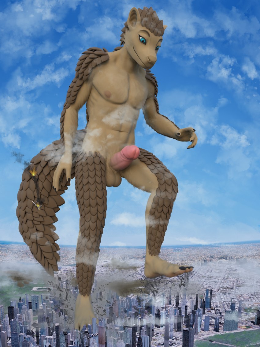 aircraft airplane anthro balls building city city_background city_crushing city_destruction crush destruction erection genitals landscape looking_down macro macro_male male penis skyscraper solo stomping vehicle lapushis ralerin mammal pangolin 3:4 3d_(artwork) digital_media_(artwork) hi_res